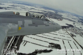 Flying in a jet aircraft with aerobatics in winter