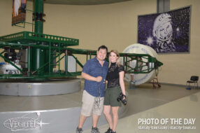 Our tourists in Star City get acquainted with the simulator "Centrifuge TsF-7"