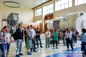 Hall of Soyuz transport ships. Excursion to the Cosmonaut Training Center.